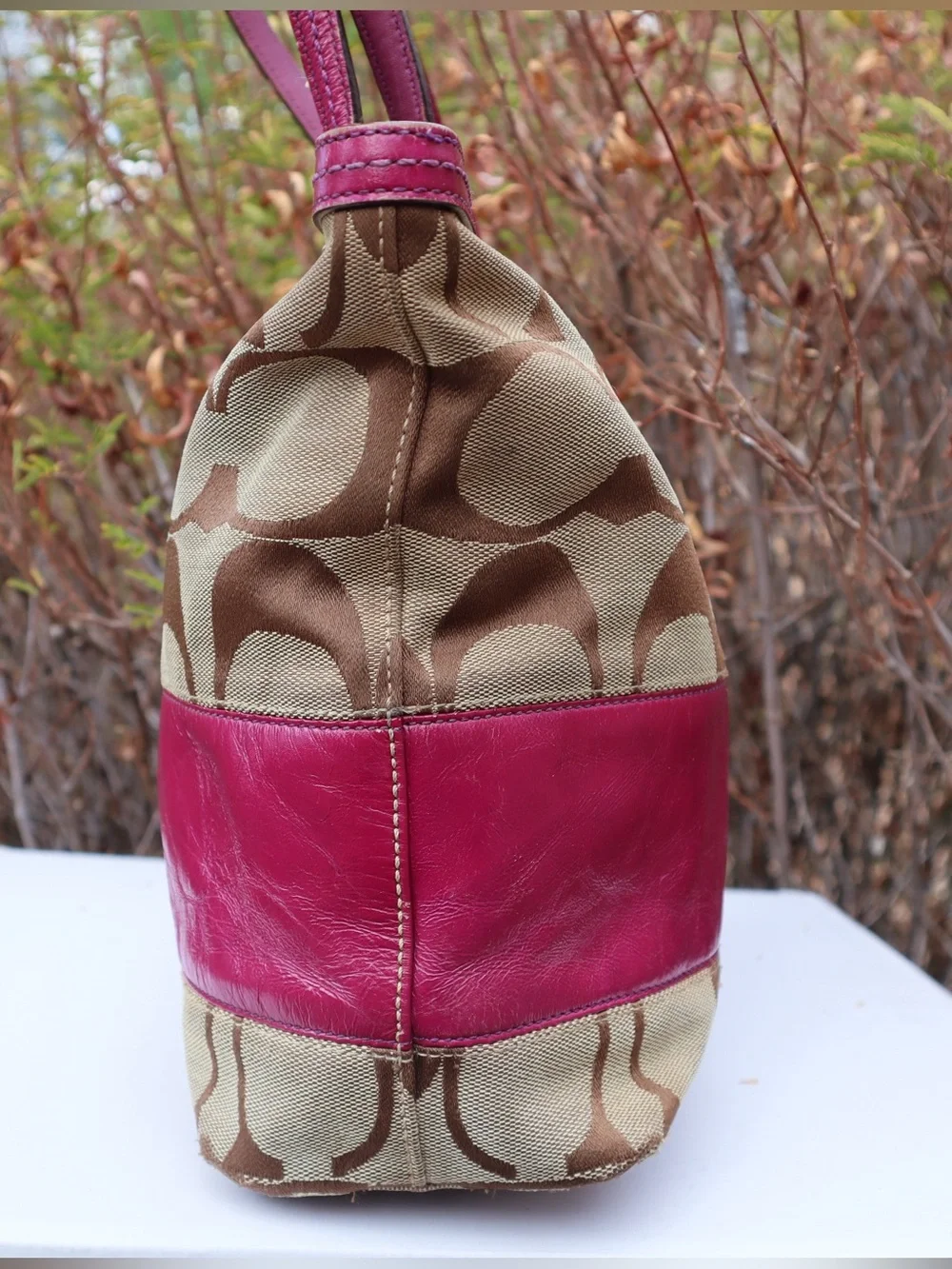 Coach Signature Berry Stripe Patent Leather Tote Shoulder Bag, Berry Red/Pinkish